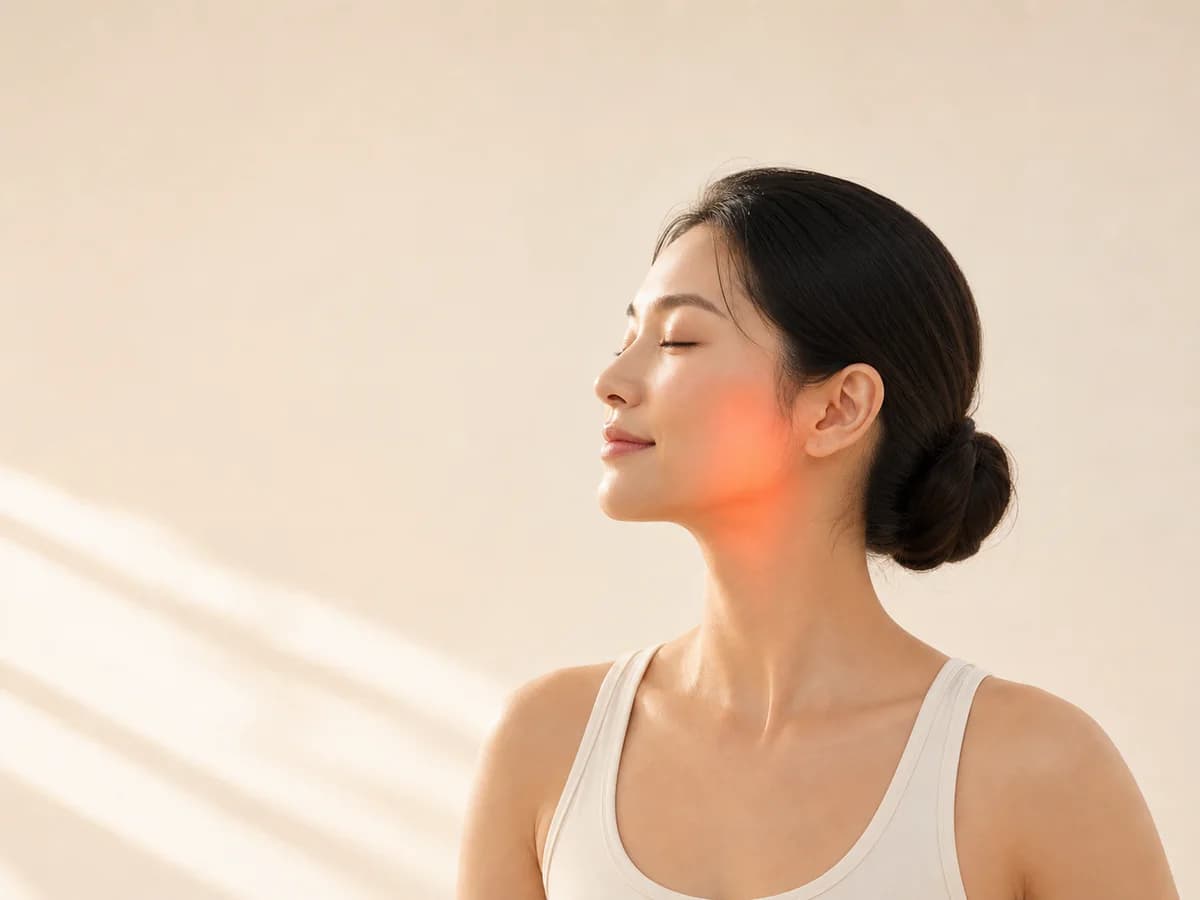 女性在柔和暖光下进行面颈部日常温热护理